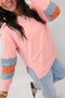 Pink Colorblock Striped Patchwork Long Sleeve Round Neck Blouse