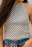 Gray Checkered Print Textured Halter Tank Top