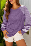 Tillandsia Purple Contrast Print Striped Raglan Long Sleeve Loose Top