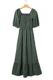 Green Plaid Square Neck Shirred High Waist Ruffle Hem Dress