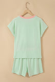 Clearly Aqua Soft Ribbed Color Block Trim Casual Short Set