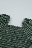 Green Plaid Square Neck Shirred High Waist Ruffle Hem Dress