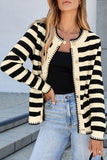White Stripe Chic Golden Button Cardigan Sweater