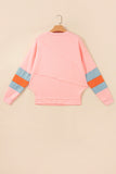 Pink Colorblock Striped Patchwork Long Sleeve Round Neck Blouse