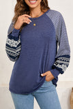 Tillandsia Purple Contrast Print Striped Raglan Long Sleeve Loose Top