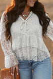 White Tie V Neck Lace Ruffle Detail Long Sleeve Blouse
