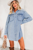 Beau Blue Chest Pocket Raw Hem Denim Loose Shirt Dress
