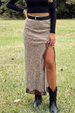 Brown Cheetah Print Trim Split Long Western Skirt