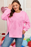 Pink Big Bow Lace Embroidered Dolman Sleeve Slit Plus Size Sweatshirt