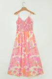 Pink Spaghetti Straps Floral Shirred High Waist Dress