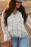 White Tie V Neck Lace Ruffle Detail Long Sleeve Blouse
