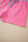 Clearly Aqua Soft Ribbed Color Block Trim Casual Short Set