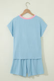 Clearly Aqua Soft Ribbed Color Block Trim Casual Short Set