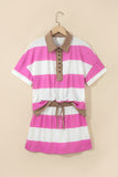 Rose Stripe Colorblock Trim Polo Tee Drawstring Mini Skort 2pcs Set