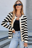 White Stripe Chic Golden Button Cardigan Sweater