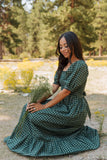 Green Plaid Square Neck Shirred High Waist Ruffle Hem Dress