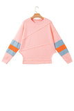 Pink Colorblock Striped Patchwork Long Sleeve Round Neck Blouse