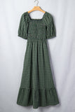 Green Plaid Square Neck Shirred High Waist Ruffle Hem Dress