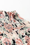 White Retro Floral Print Mock Neck Mesh Long Sleeve Top