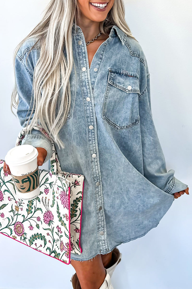 Beau Blue Chest Pocket Raw Hem Denim Loose Shirt Dress