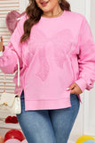 Pink Big Bow Lace Embroidered Dolman Sleeve Slit Plus Size Sweatshirt