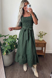 Green Plaid Square Neck Shirred High Waist Ruffle Hem Dress