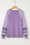 Tillandsia Purple Contrast Print Striped Raglan Long Sleeve Loose Top