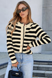 White Stripe Chic Golden Button Cardigan Sweater