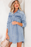 Beau Blue Chest Pocket Raw Hem Denim Loose Shirt Dress