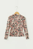 White Retro Floral Print Mock Neck Mesh Long Sleeve Top