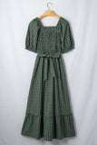 Green Plaid Square Neck Shirred High Waist Ruffle Hem Dress