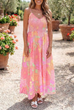 Pink Spaghetti Straps Floral Shirred High Waist Dress