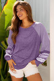 Tillandsia Purple Contrast Print Striped Raglan Long Sleeve Loose Top