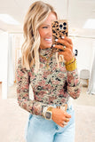 White Retro Floral Print Mock Neck Mesh Long Sleeve Top