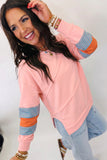 Pink Colorblock Striped Patchwork Long Sleeve Round Neck Blouse