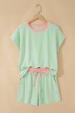 Clearly Aqua Soft Ribbed Color Block Trim Casual Short Set