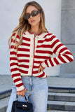 White Stripe Chic Golden Button Cardigan Sweater