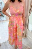 Pink Spaghetti Straps Floral Shirred High Waist Dress