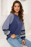 Tillandsia Purple Contrast Print Striped Raglan Long Sleeve Loose Top