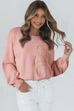 Peach Blossom Big Flower Accent Bubble Sleeve Drop Shoulder Sweater