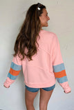 Pink Colorblock Striped Patchwork Long Sleeve Round Neck Blouse