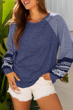 Tillandsia Purple Contrast Print Striped Raglan Long Sleeve Loose Top