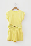 Yellow Cream Solid Short Sleeve Elastic Waist Pocket Casual Two Piece Short Set