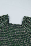 Green Plaid Square Neck Shirred High Waist Ruffle Hem Dress