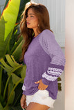Tillandsia Purple Contrast Print Striped Raglan Long Sleeve Loose Top