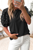 Black Ribbed Pearl Beaded Puff Sleeve Top