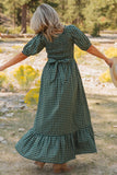 Green Plaid Square Neck Shirred High Waist Ruffle Hem Dress
