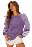 Tillandsia Purple Contrast Print Striped Raglan Long Sleeve Loose Top