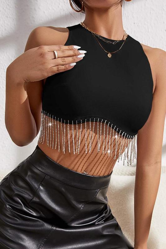 Dreamy Rhinestone Fringe Zip Back Top