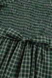 Green Plaid Square Neck Shirred High Waist Ruffle Hem Dress